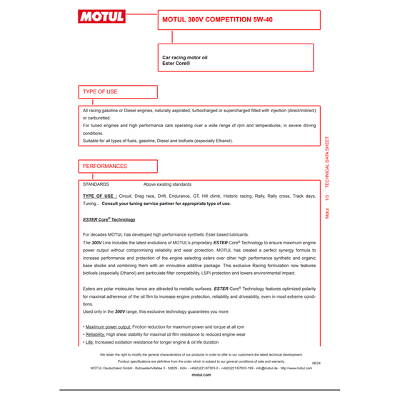 Motul 300V Competition Fully Synthetic Motorsport 5W40 Engine Oil 2L 110817