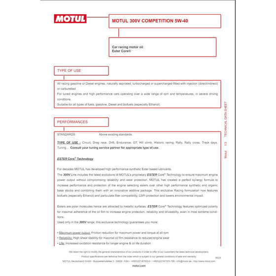 Motul 300V COMPETITION 5W40 MOTOR OIL FULLY SYNTHETIC ENGINE OIL 110818