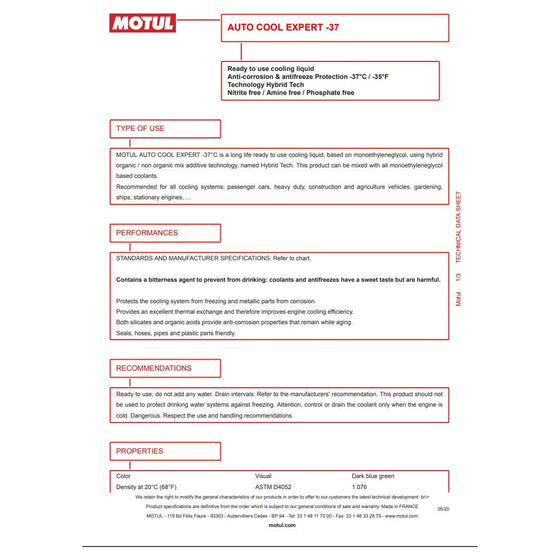 Motul Auto Cool Expert -37C Car Antifreeze Coolant Ready To Use 5L