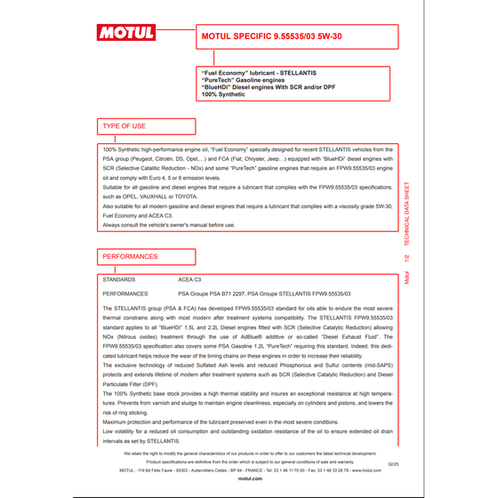 Motul Specific 9.55535/03 5W-30 Fully Synthetic Engine Oil PSA B71 2297 113664