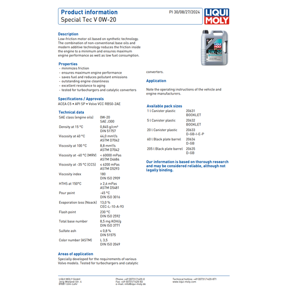 Liqui Moly Special Tec V 0W20 Volvo Engine Oil ACEA C5 VCC RBS0-2AE 20632