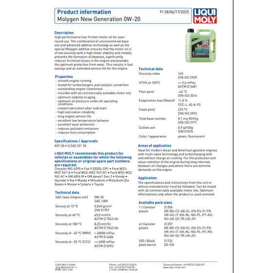 Liqui Moly Molygen 0W20 Fully Synthetic Engine Oil 21357