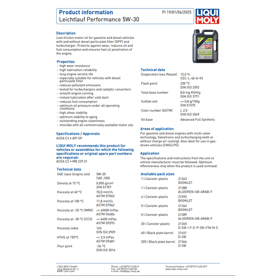 Liqui Moly 5W30 Engine Oil Leichtlauf Performance ACEA C2 C3 API SP 21364