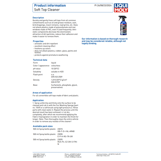 Liqui Moly Convertible Soft Top Cleaner Fabric Rag Top 500ml 23015