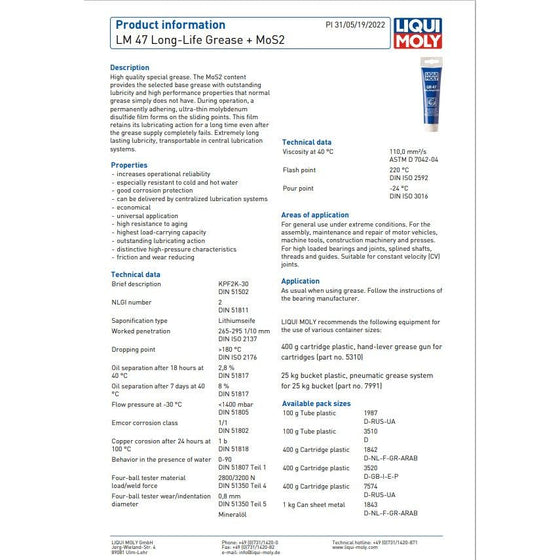 Lm47 Liqui Moly LM47 High-Quality Long-life Grease + MoS2 400g 3520 – World ...