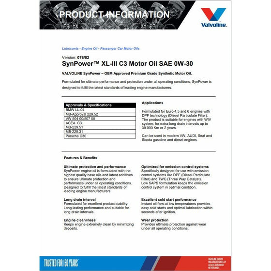 Valvoline 5W30 C3 Fully Synthetic Engine Oil SynPower XL-III BMW VW MB PORSCHE Approved 872375