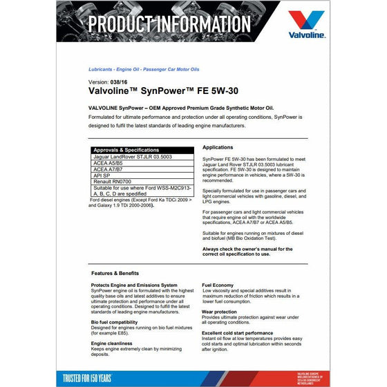 Valvoline 5W30 Fully Synthetic Engine Oil A5/B5 SynPower FE Ford Jaguar Land Rover Approved 872552