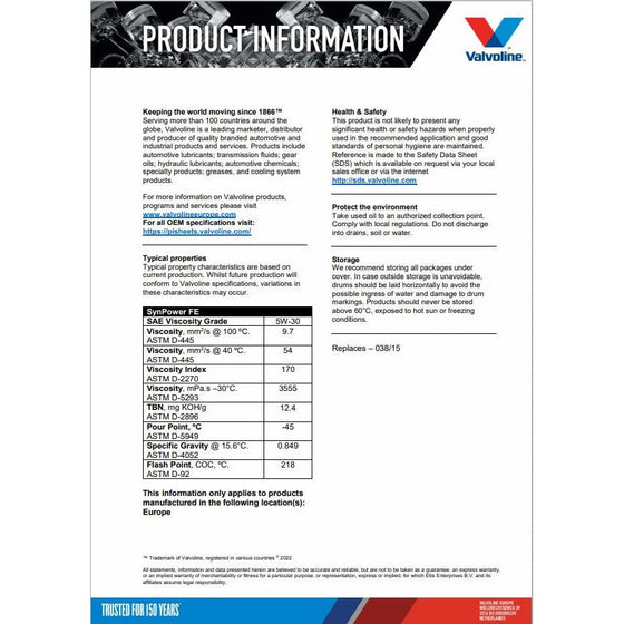 OLEJ SILNIKOWY VALVOLINE SYNPOWER FE 5W30 - 1L OLEJ SILNIKOWY VALVOLINE SYNPOWER FE 5W30 - 1L