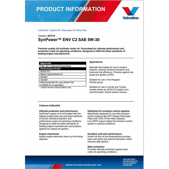 Valvoline SynPower ENV 5W30 C2 Fully Synthetic Engine Oil CITROEN HONDA TOYOTA PEUGEOT Approved 874309