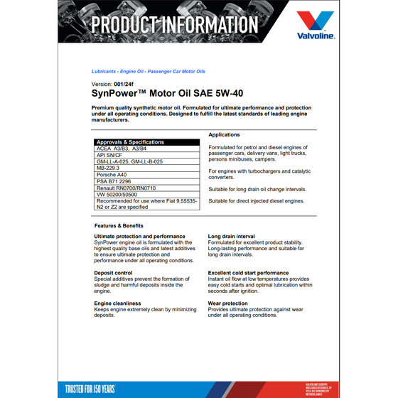 Valvoline 5W40 SYNPOWER MST C3 SYNTHETIC ENGINE OIL A3/B4 Renault Approved 908763