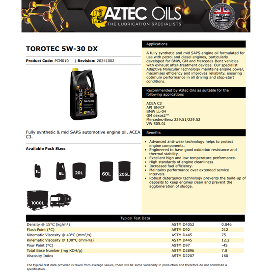 AZTEC TOROTEC ENGINE OIL 5W-30 DX LL-04, 229.51/229.52, 505.01 PCM010