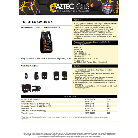 AZTEC TOROTEC ENGINE OIL 5W-40 DX 1 LITRE ACEA C3 API SN/CF PCM017