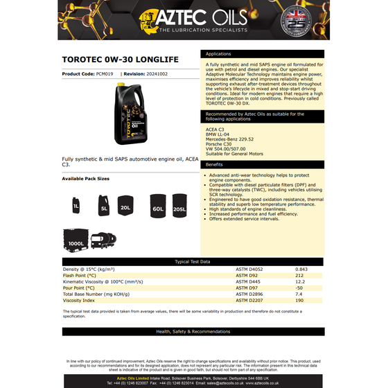 AZTEC TOROTEC 0W-30 LONGLIFE ENGINE OIL LL-04, 229.52, 504.00/507.00 PCM019