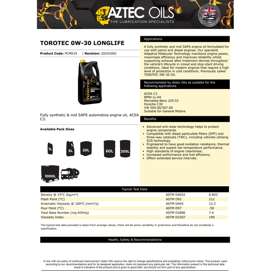 AZTEC TOROTEC 0W-30 LONGLIFE ENGINE OIL LL-04, 229.52, 504.00/507.00 PCM019