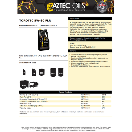 Aztec Oils 5W-30 FLR Torotec Fully Synthetic ACEA C1  PCM020