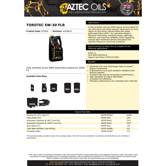 Aztec Oils 5W-30 FLR Torotec Fully Synthetic ACEA C1  PCM020