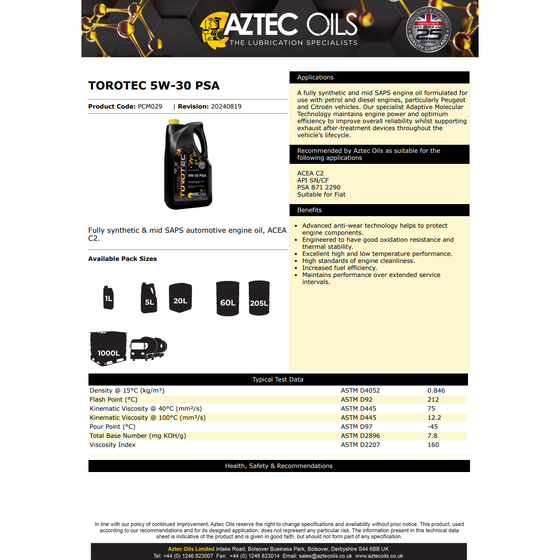 Aztec Oils 5W-30 PSA Torotec Fully Synthetic ACEA C2 PCM029