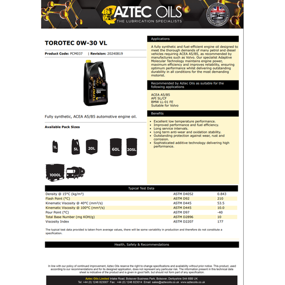 Aztec Oils 0W-30 VL Torotec Fully Synthetic ACEA A5/B5 PCM037
