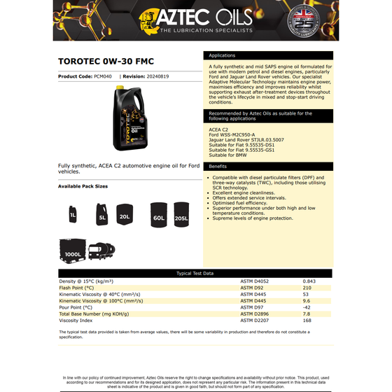 Aztec Torotec 0W-30 FMC Low Saps C2 Engine Oil PCM040