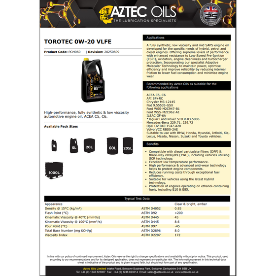 Aztec TOROTEC 0W-20 VLFE C5/C6 PCM060