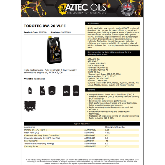 Aztec TOROTEC 0W-20 VLFE C5/C6 PCM060