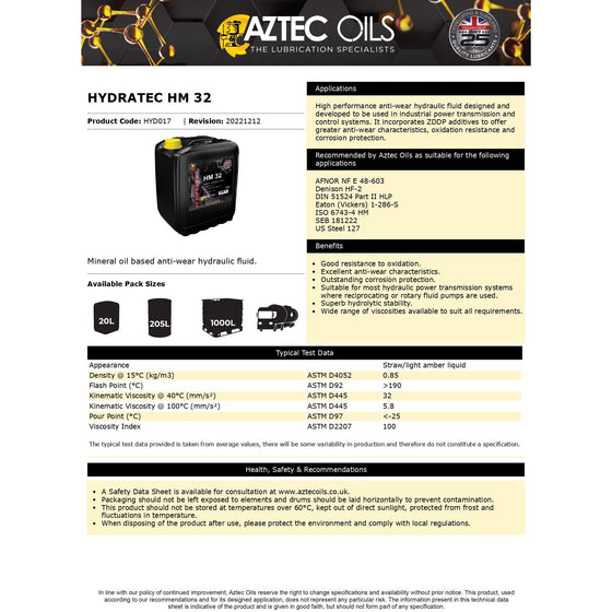 Aztec Hydraulic Oil ISO 32 DIN 51524 Part II HLP ISO 6743-4 HM