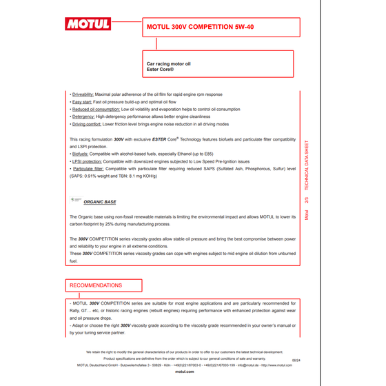 Motul 300V Competition Fully Synthetic Motorsport 5W40 Engine Oil 2L 110817