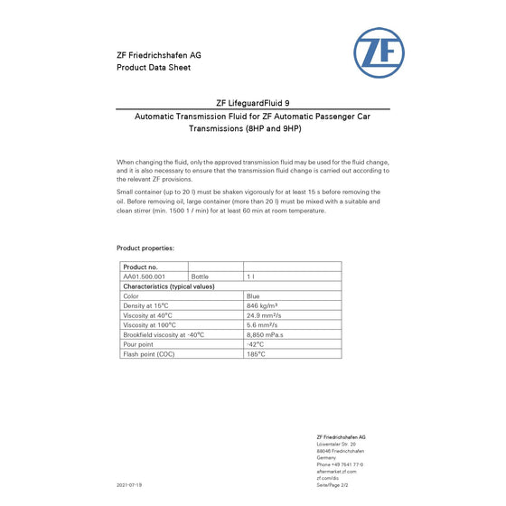ZF Lifeguard 9 ATF - Automatic Transmission Fluid - ZF ATF 9HP48 9HP50 OEM APPROVED