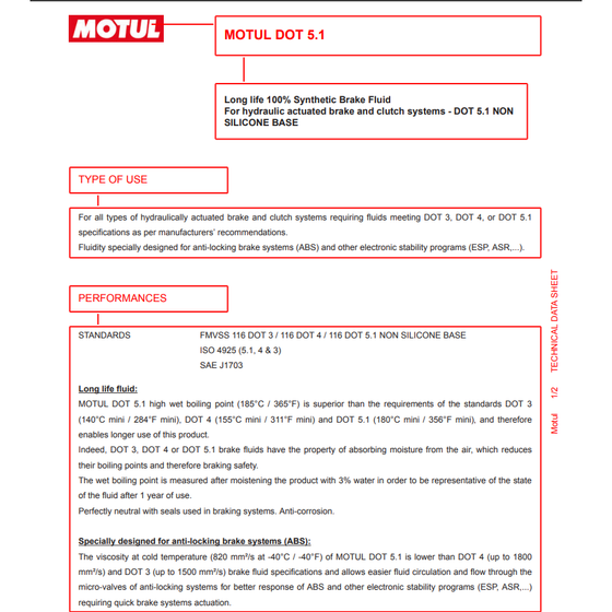 Motul Dot 5.1 Fully Synthetic Brake Fluid Bottle 500ml 100950