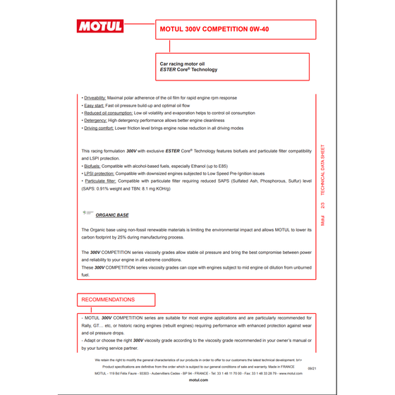 Motul 300V Competition 0W-40 EsterCore Car Engine Oil 110857