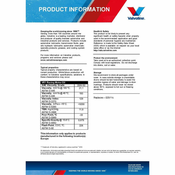 20W50 Valvoline VR1 Racing Highly Refined Mineral Engine Oil 4Stroke Ford GM 873432 - World of Lubricant