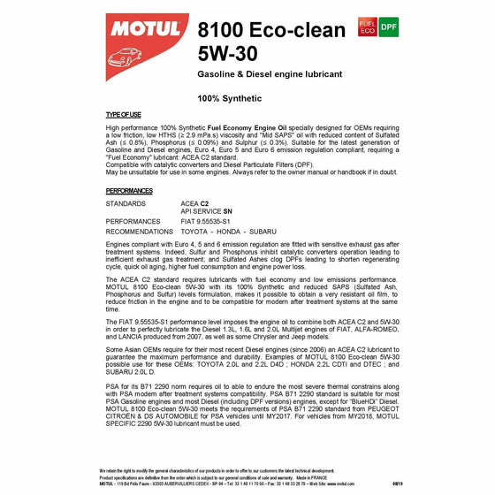 5W30 C2 Fully Synthetic Engine Motor Oil Toyota Honda Motul 8100 Eco-Clean 101545 - World of Lubricant