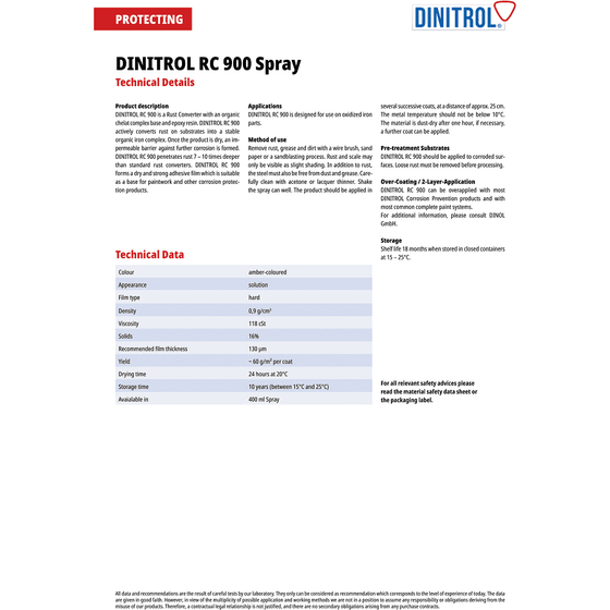Dinitrol RC900 Rust Converter Primer 400ML Aerosol Protection New Label 1100801