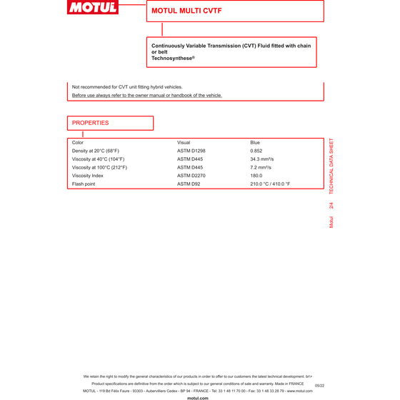 Motul Multi CVTF Synthetic Continuously Variable Transmission Fluid 1 Litre 1L 105785