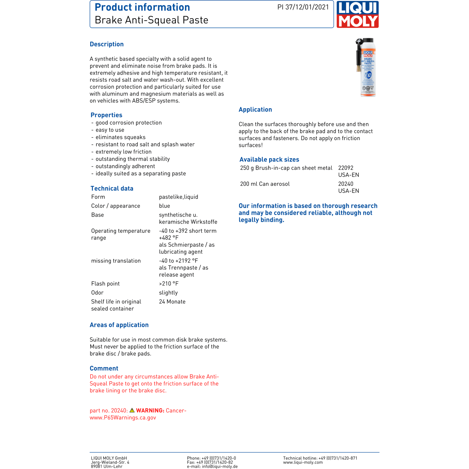 Liqui Moly Brake Anti Squeal Paste + Brush AntiSeize Grease 200ml 307 World of Lubricant