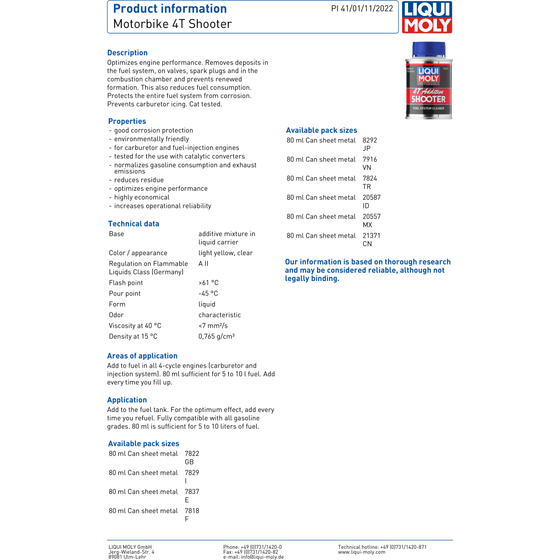 Liquimoly 4T Shooter Motorbike Fuel System Cleaner Additive 80ml 7822