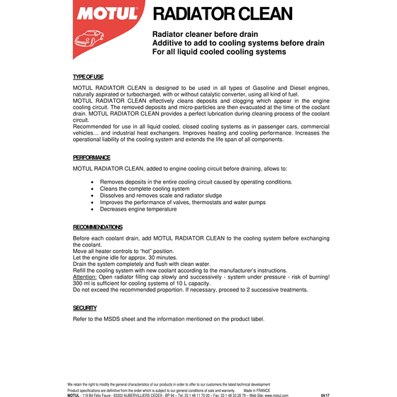 MOTUL RADIATOR CLEAN ADDITIVE 300ML COOLING SYSTEM 108125
