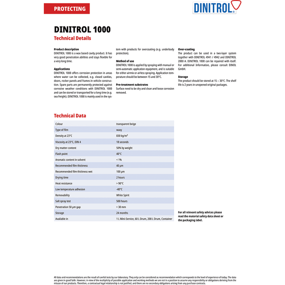 Dinitrol 1000 High Penetration Water Repellent Cavity Wax 500ML Aerosol 1107601 - World of Lubricant
