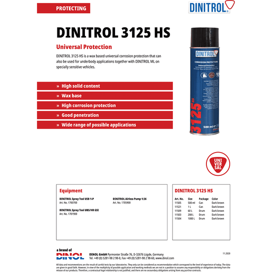 DINITROL 3125HS RUST PROOFING CAVITY WAX 500ml 2x AEROSOL + Extension nozzle 1150501 - World of Lubricant