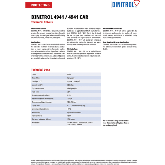 Dinitrol 4941 Aerosol 1L Underbody Chassis Car Rust Proofing Black Wax 1117901 - World of Lubricant