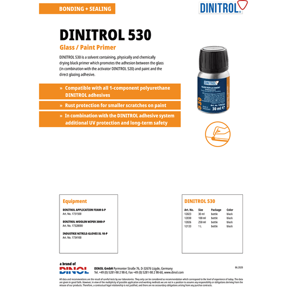 DINITROL 530 WINDSCREEN FITTING ADHESIVE GLUE 30ML BLACK PRIMER GLASS + 10 BUDS 1202300 - World of Lubricant
