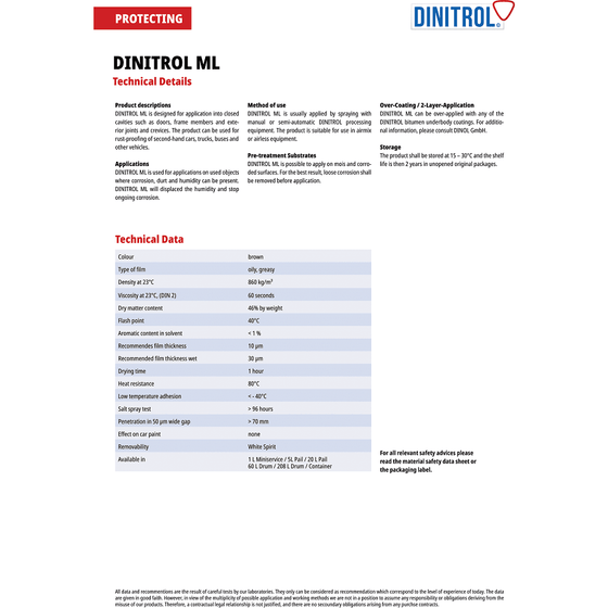Dinitrol ML Brown Cavity Wax 500ML Penetrator Rust Proofing Aerosol 1107101 - World of Lubricant