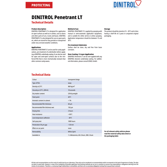 DINITROL PENETRANT LT CAVITY WAX 500ml Aerosol 1147001 - World of Lubricant