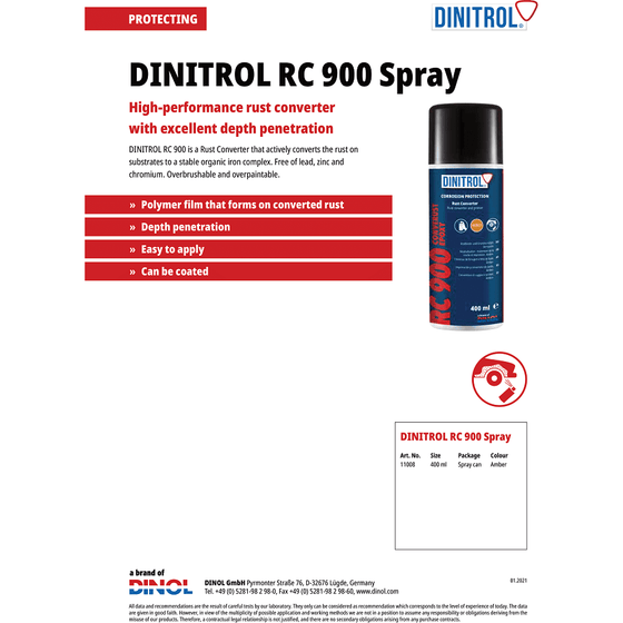 DINITROL RC900 RUST CONVERTER PRIMER 400ml CAN + EXTENSION NOZZLE 1100801 - World of Lubricant