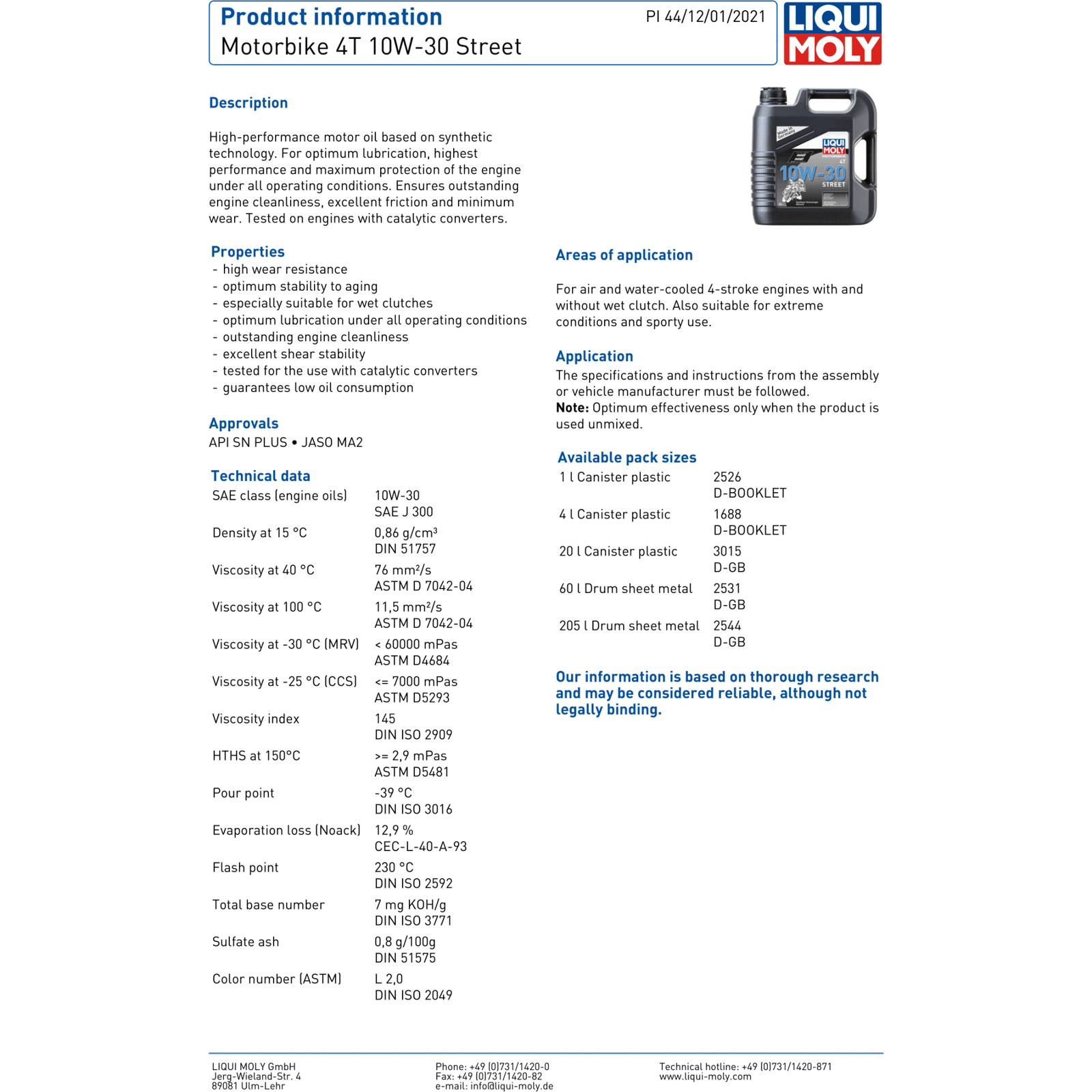 Liqui Moly 10W30 Motorbike 4T Street Synthetic Engine Oil API SN PLUS ...