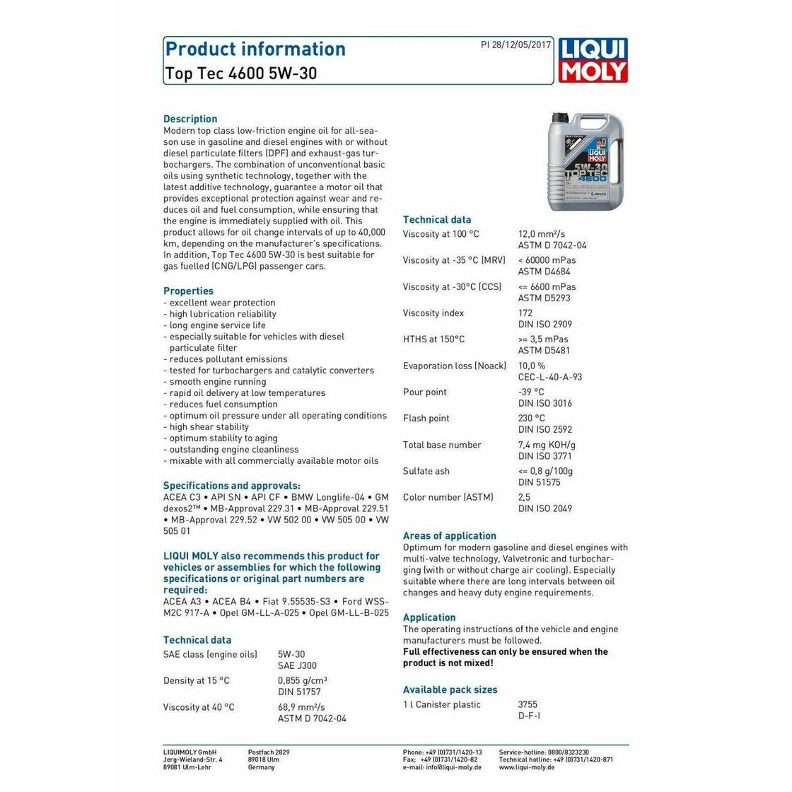 LIQUI MOLY 1L Top Tec 4600 Motor Oil 5W30