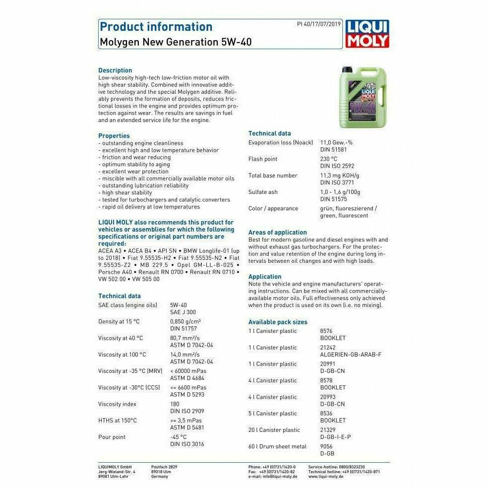 LIQUI MOLY MOLYGEN 5W-40 NEW GENERATION ACEA A3/B4 VW BMW AUDI PORSCHE ...
