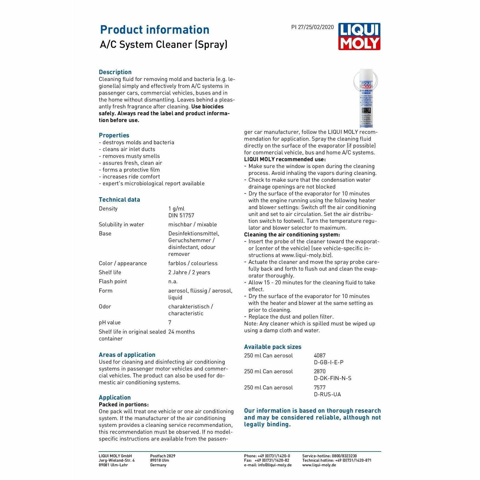 Liqui Moly A/C System Cleaner Spray, Remove Bacteria & Mold 250ml 4087 ...