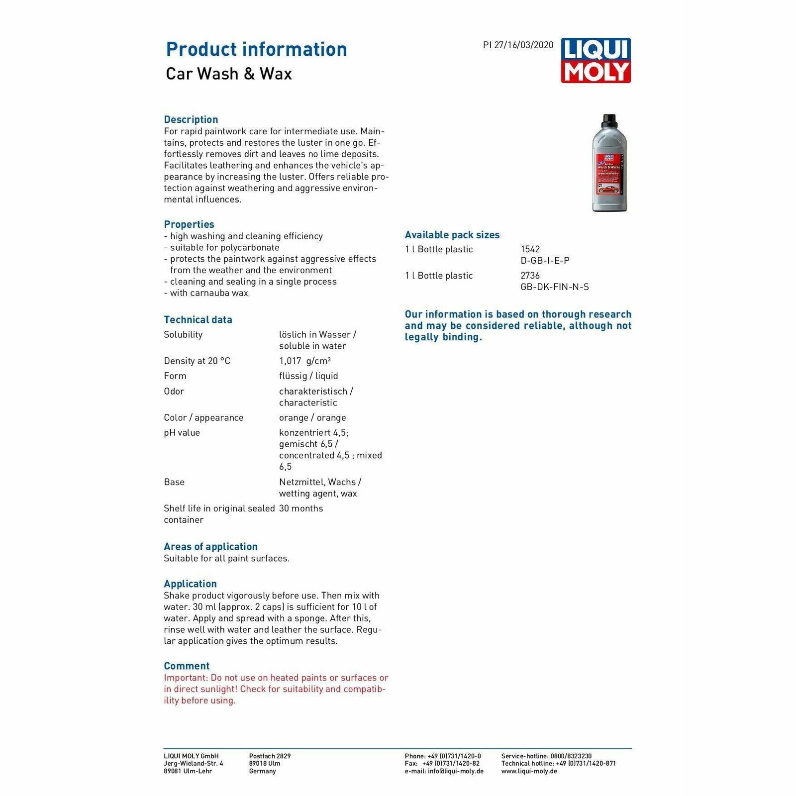 Liqui Moly Car Washing & Wax Varnish Car Shampoo Detailing Paint 1L 15