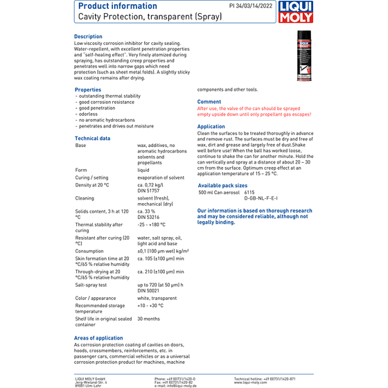 LIQUI MOLY CLEAR HIGH PENETRATION CAVITY WAX 500ML 6115 AEROSOL KIT EXTENSION NOZZLE CANGUN - World of Lubricant